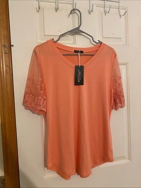 Women's Coral V-Neck Tee with Lace Embroidered Short Sleeves